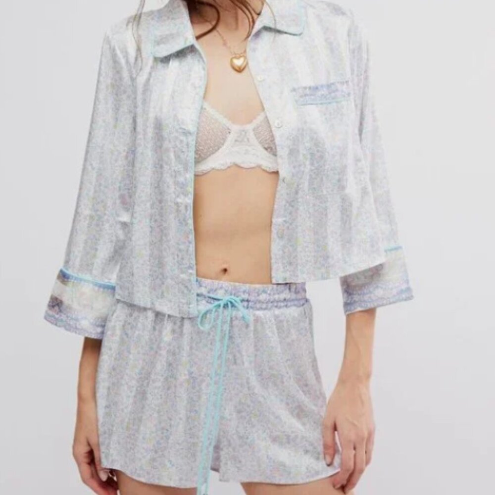 Free People Light Blue Floral Cropped Pajama Set